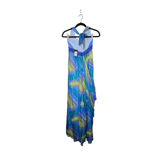 NEW BCBG MAXAZRIA Chiffon Metallic Printed Maxi Dress 8 Blue Halter Y2K Mermaid - Picture 6 of 6